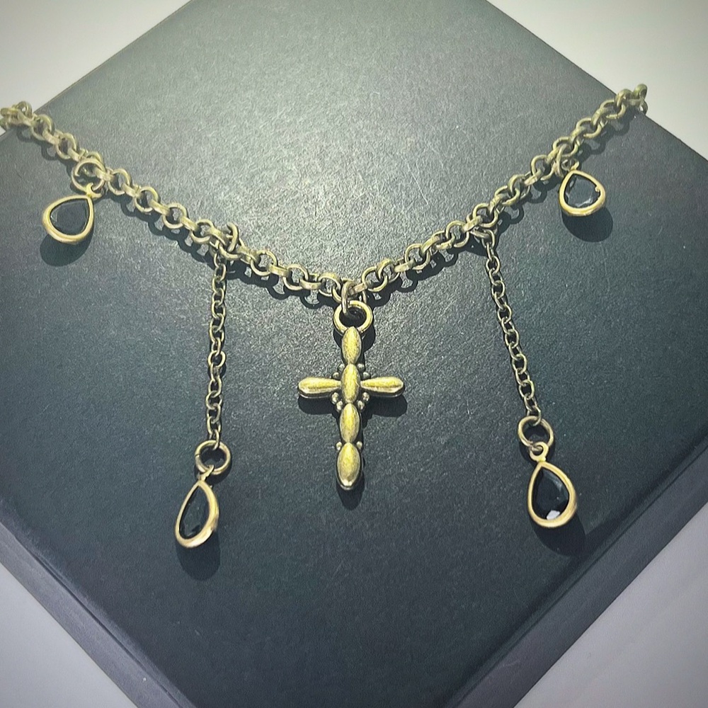 Antique Bronze Cross w Black Drop Stones Necklace